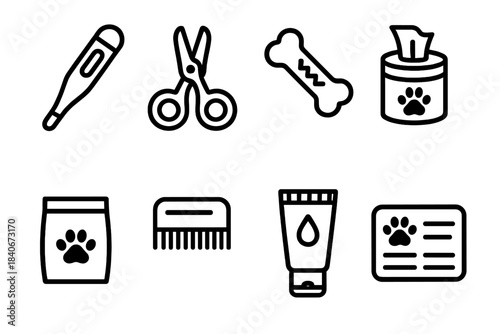 Pet Care Essentials. Pet health toolkit linear set: thermometer, grooming scissors, dental chew, ear wipe, vitamin pouch, flea comb, soothing gel, wellness record card.