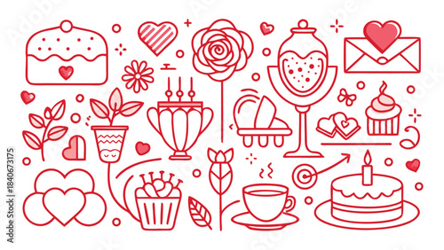 collection of whimsical doodles featuring hearts, flowers, and various playful items in vibrant colors..eps