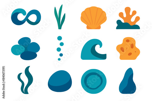 Vibrant Oceanic Icon Set. Oceanic Nature Collection flat set: wave loop, sea grass blade, clam shell, reef outcrop, marine pebble cluster, deep-water bubble string, tide curve,