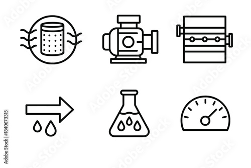 Desalination Process Icons. Modern Water Desalting Systems linear set: intake screen, high-pressure pump, RO membrane tile, permeate stream arrow, brine concentrate icon,