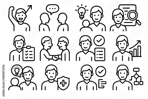 Team Roles Icons. Team Dynamics Set linear set: motivator, mediator, idea generator, detail reviewer, organizer, collaborator, checkpoint reviewer, progress reporter, workflow