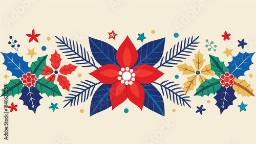 Christmas floral border featuring stars and berries, creating a festive and cheerful holiday decoration..eps
