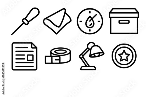 Historic Preservation Tools. Historic item care elements linear set: repair needle tool, archival tissue, humidity monitor, storage box, documentation sheet, stabilization strap,