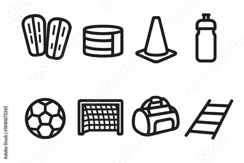 Soccer Gear Icons. Soccer equipment collection linear set: shin guards, captain armband, training cone, water bottle, soccer ball, goalpost, duffel bag, practice ladder.