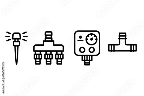 Garden Irrigation Icons. Garden Water Distribution linear set: micro-spray nozzle, hose connector tile, irrigation control panel.