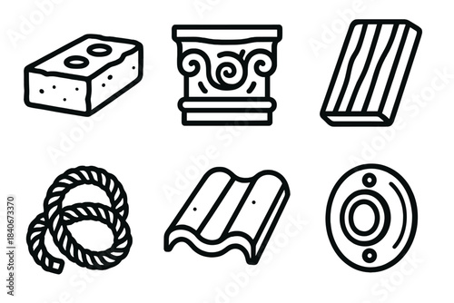 Ancient Material Icons. Ancient Construction Materials linear set: adobe brick, carved stone, wood plank, natural fiber rope, earthen tile, bronze fitting.