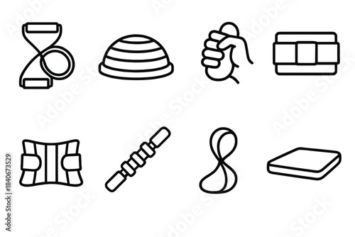 Therapeutic Support Icons. Therapeutic Support Elements linear set: resistance tube, balance dome, squeeze putty, weighted cuff, back brace, roller stick, mobility strap, padded