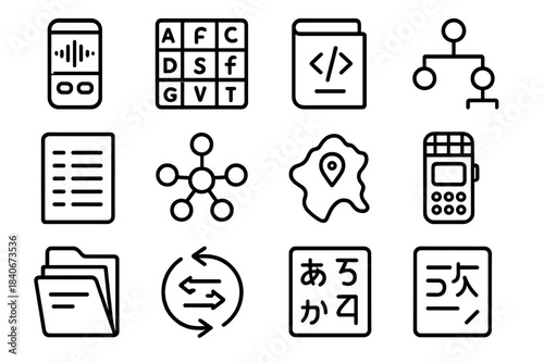 Linguistics Icon Set. Linguist Resource Set linear set: sound wave recorder, phoneme chart, grammar booklet, syntax diagram, word list sheet, semantic network icon, accent map,