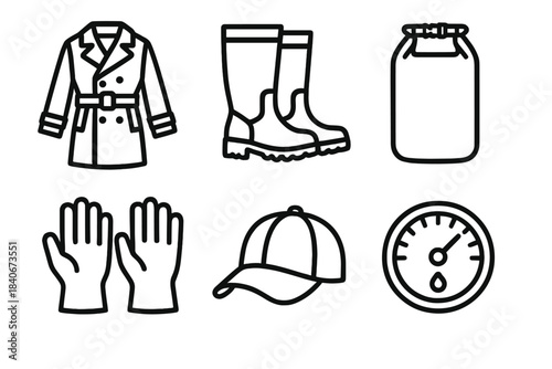 Outline of Weather Gear. Water-Resistant Essentials linear set: trench coat, rubber boots, zippered dry bag, protective gloves, waterproof cap, resilience gauge.