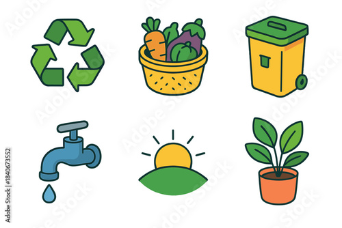 Sustainable Icons Collection. Sustainable Living Themes isometric flat set: recycling loop, veggie basket, minimal waste bin, sunlight arc, water-saving tap, houseplant pot.