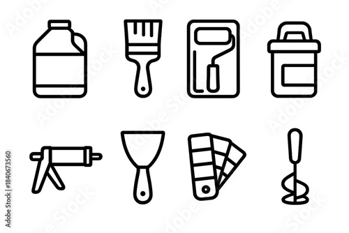 Paint Tools Icons. Paint Application Essentials linear set: gallon paint jug, trim brush, mini roller kit, edging tool, sealant tube, paint scraper, color sample card, mixing