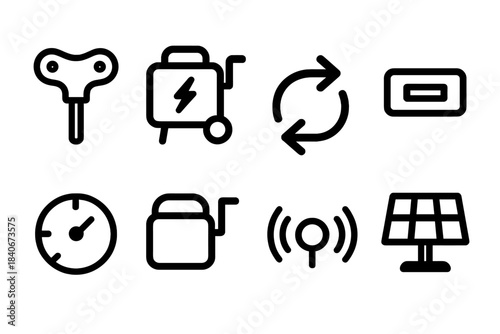 Wind-Up Energy Icons. Wind-Up Energy Tools linear set: crank knob, portable generator tile, kinetic-power flow arrow, USB port bar, capacity indicator ring, compact housing icon,