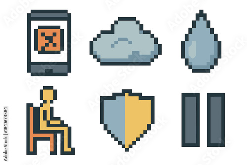 Digital Wellbeing Icons. Digital wellbeing set pixel style set: screen limit icon, rest cloud, hydration drop, posture guide, blue-light shield, pause symbol.