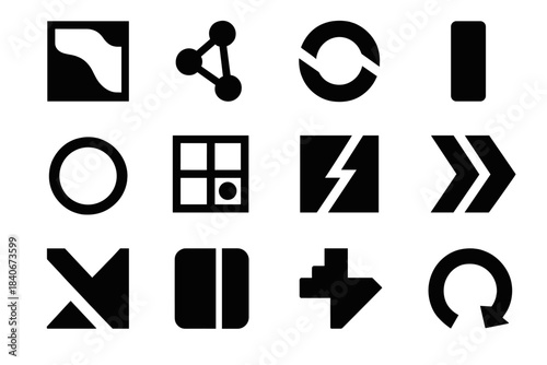 Mindset Dynamics Icons. Split Mindset Dynamics silhouette set: belief tension tile, thought fragment node, reasoning gap bar, perspective ring, cognitive stress dot, mental
