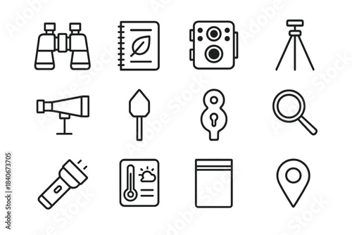 Wildlife Monitoring Tools. Wildlife Monitoring Kit linear set: binocular pair, observation log, wildlife camera, telescopic stand, handheld scope, path marker, species key, small