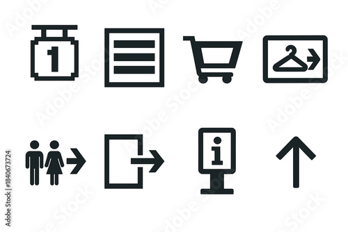 In-Store Symbol Icons. In-Store Navigation Symbols set of icons in flat pixel vector style: aisle marker, shelf row icon, checkout arrow, product category sign, restroom arrow,