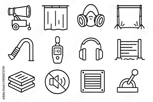 Environmental Protection Icons. Air & Sound Mitigation Set linear set: mist cannon, dust curtain, respirator mask, containment tarp, suction hose, decibel gauge, earmuffs, sound