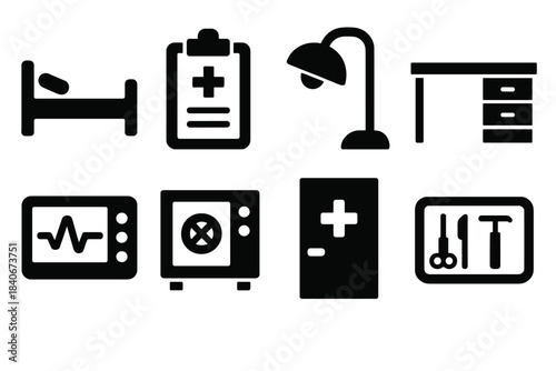Brutalist Medical Icons. Clinical Care Environments silhouette set: patient bed icon, medical chart board, exam room lamp, care station desk, vital signs monitor, sanitation