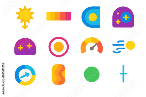 Astro-Climate Dynamic Icons. Astro-Climate Interaction Models flat set: solar flux arrow, irradiance gradient bar, magnetosphere arc tile, ionized atmosphere patch, orbital