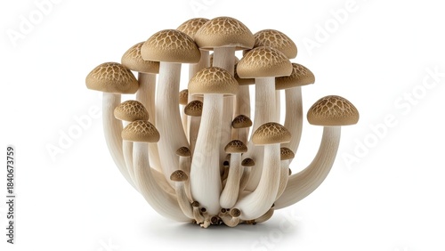 Cluster of fresh brown beech mushrooms on a white background