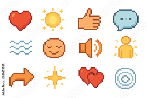 Emotional Persuasion Icons. Emotional Persuasion Icons pixel style set: empathy heart, warmth glow, supportive gesture, understanding bubble, emotional connection wave, persuasive