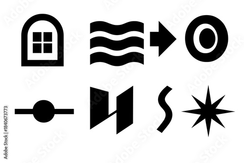 Brutalist Reality Icons. Reality Transition Framework silhouette set: portal window tile, layered-world bar, dimensional fold arrow, spatial warp ring, threshold shift node,