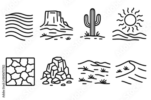 Desert Icons Collection. Arid Terrain Scenes linear set: rippled sand pattern, desert plateau, lone cactus, cracked earth patch, sun heat waves, rocky outcrop, sparse vegetation,