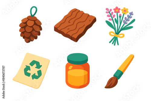 Eco Craft Icons. Eco Craft Ideas isometric flat set: pinecone ornament, bark texture piece, wildflower bundle, recycled paper sheet, natural dye jar, small brush.