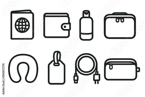 Essential Travel Icons. Travel essentials linear set: passport holder, compact wallet, travel bottle, packing cube, neck pillow, luggage tag, phone charger, toiletry pouch.