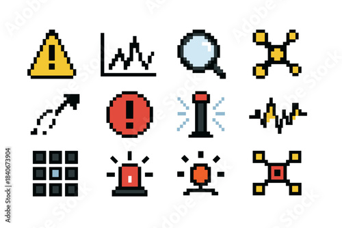 Risk Identification Icons. Risk Identification Set pixel style set: hazard marker, signal spike graph, scanning lens, network probe dot, movement trace, alert badge, boundary