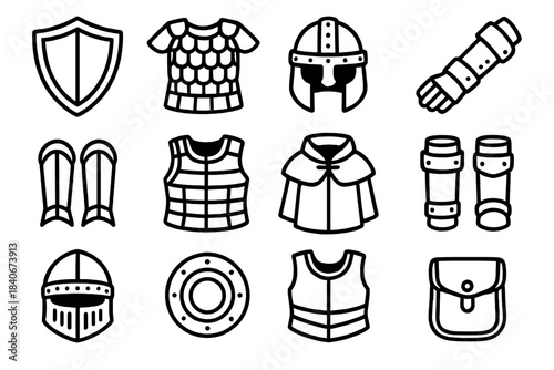 Armored Defense Icons. Defensive Combat Set linear set: kite shield, scale armor, hardened helm, arm plates, shin guards, reinforced vest, protective mantle, guard bracers, metal