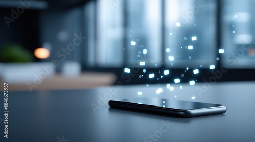 Smartphone on a minimalist desk surrounded by glowing notification reflections under warm morning light.x