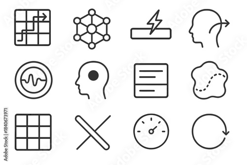 Cognitive Process Icons. Shortcut Reasoning Models linear set: heuristic guide tile, bias trigger node, rapid-cue bar, inference leap arrow, pattern-detect ring, mental shortcut