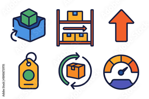 Dynamic Inventory Icons. Dynamic Inventory Ecosystems flat set: adaptive stock bin, flow-through shelf, demand signal arrow, replenishment loop, item status tag, capacity gauge.