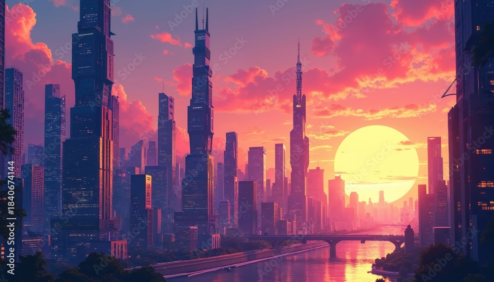 Obraz premium Futuristic city skyline with many skyscrapers at sunset. Tall buildings rise above river, reflecting vibrant sky colors. Large sun glows over modern urban landscape. Bridges connect parts of tech