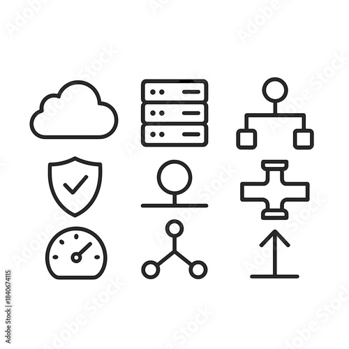 Cloud Infrastructure Icons. Cloud Infrastructure Suite linear set: cloud cluster, server stack, load balancer icon, data pipeline, secure shield, uptime gauge, network nodes,