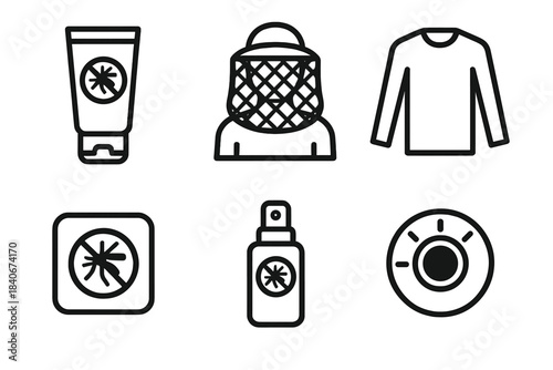 Bug Protection Essentials. Personal Bug Protection Gear linear set: insect-repellent lotion tube, face net, long-sleeve guard, anti-bug patch, pocket spray, safety dial.