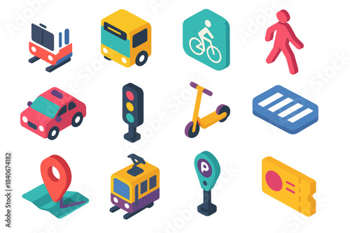 Urban Commute Icons. Urban Commuting Patterns isometric flat set: subway train, bus front view, bike lane symbol, pedestrian figure, rideshare car, traffic light, scooter icon,
