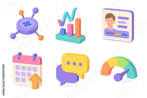 Healthcare Icons Set. Integrated Patient Experience flat isometric set: connected sensor node, health data stream, progress tracking tile, appointment scheduler arrow,