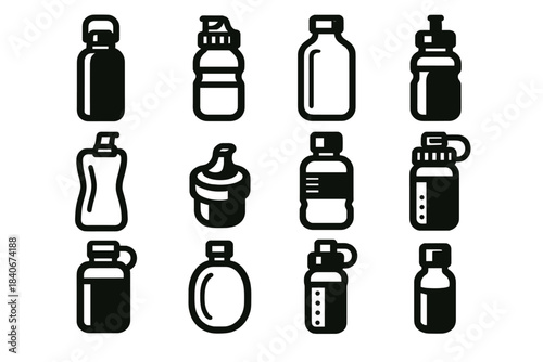 Bold Bottle Icons. Drink Bottle Set silhouette set: insulated steel flask, reusable plastic bottle, tempered glass bottle, soft foldable pouch, sip nozzle lid, twist-cap bottle,