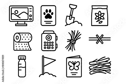 Conservation Toolkit Icons. Conservation Support Tools linear set: field monitor icon, tracking footprint card, habitat restoration shovel, native seed packet, erosion mat,
