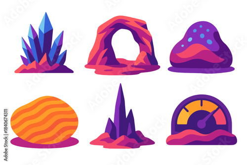 Vibrant Alien Formations. Alien Terrain Formations flat set: jagged crystal ridge, warped rock arch, bioluminescent mound, patterned sand ripple, alien basalt spire, terrain gauge.