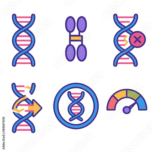 DNA Stability Icons. DNA Integrity Visualization flat set: double-helix strand, nucleotide pair icon, damage site marker, repair arrow, stability ring, integrity gauge.