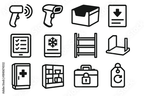 Medical Inventory Icons. Medical Inventory Management Gear linear set: RFID reader, stock scanner, shelf bin, reorder card, inventory tablet, cold-chain indicator, storage rack,