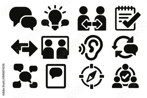 Brutalist Communication Icons. Communication & Dialogue Pack silhouette set: joint conversation bubble, idea-sharing lamp, respectful exchange icon, shared notepad, talk direction