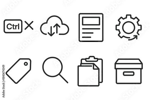 Digital Workflow Icons. Efficient Tool Use linear set: shortcut keys, cloud sync icon, template sheet, automation gear, tagging label, search bar, clipboard stack, archive box.