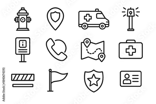 City Emergency Icons. City Emergency Support Set linear set: fire hydrant, police station marker, medical response unit, community alarm pole, safety info board, emergency hotline