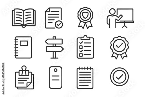 Instructor Support Icons. Instructor Support Materials linear set: teaching guide, agenda sheet, trainer emblem, board graphic, learner workbook, direction pointer, progress