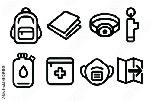 Emergency Kit Icons. Rapid Evacuation Items linear set: quick-grab bag, thermal blanket, headlamp, alert whistle, compact water pack, basic meds pouch, mask filter, exit map.