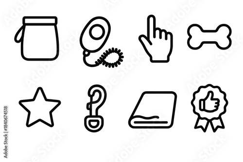 Training Gear Icons. Training & Rewards Pack linear set: treat pouch, clicker tool, command hand signal, reward bone, focus star, leash clip, training mat, encouragement badge. .